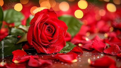 A red rose is on a table with some red petals around it