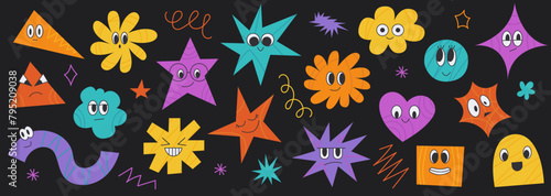 Set of abstract character figure. Geometric shape with comic face in y2k style. Funny child stars. Doodle flat illustration for kids. Vector collection with face emotions.
