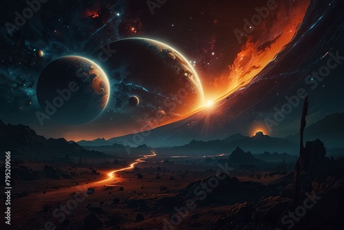 Dramatic abstract space solar landscape. Planets  stars  and moons in a supernova. Science fiction art