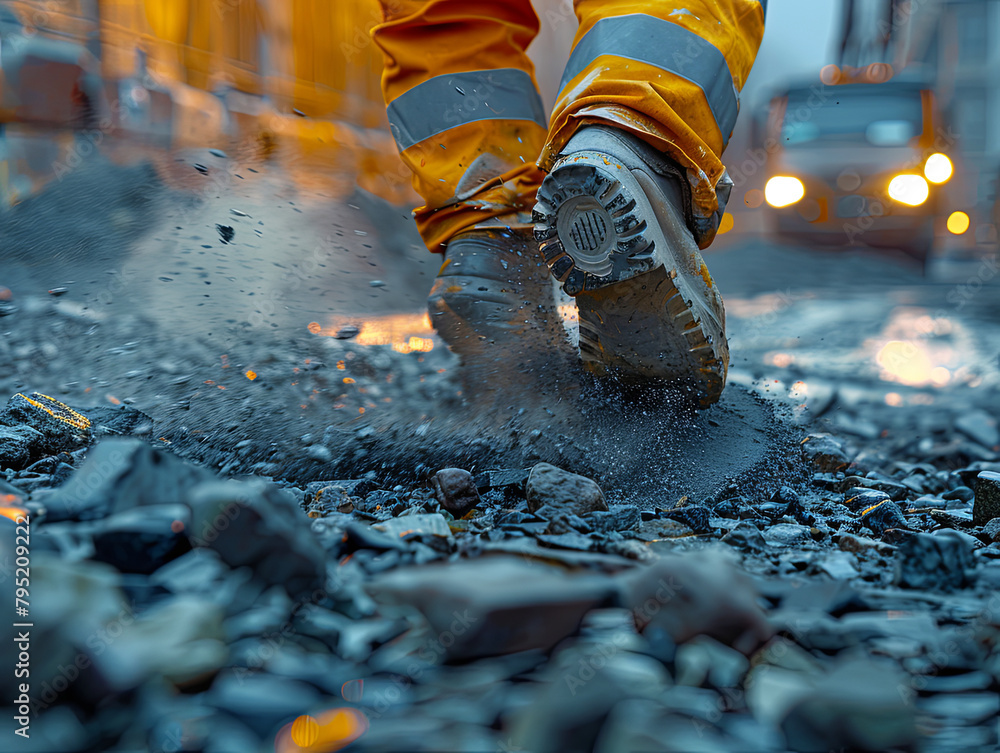 A man in a yellow and orange outfit is walking through a muddy road A man in a yellow and orange outfit is walking through a muddy road