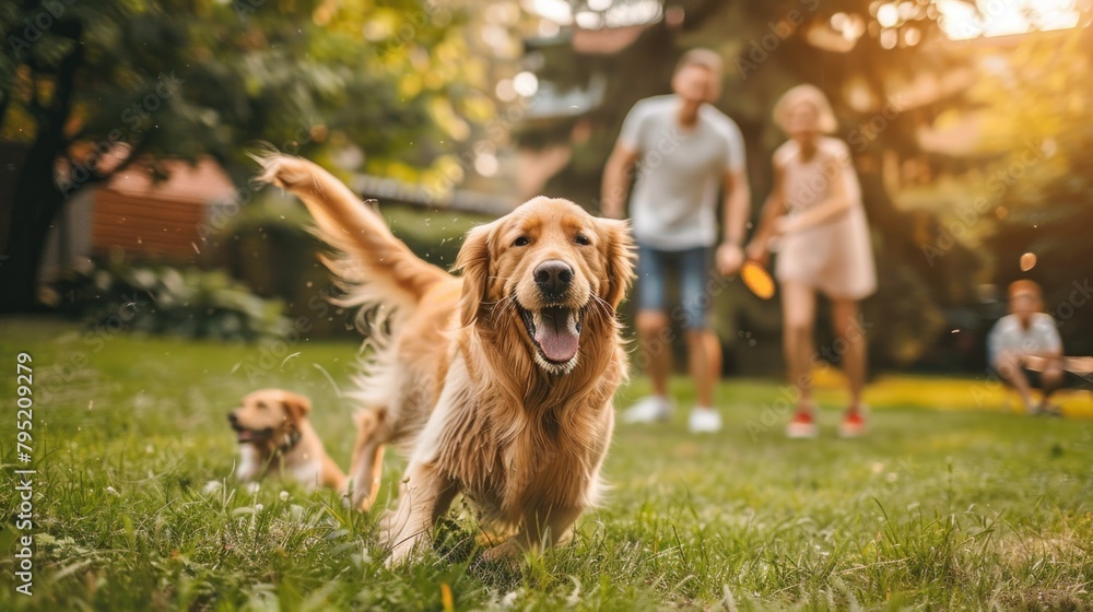 A family smiling golden retriever dog on the grass behind the house. A beautiful family has fun with their faithful pedigree dog outside in their summer backyard. A family smiling golden retriever dog on the grass behind the house. A beautiful family has fun with their faithful pedigree dog outside in their summer backyard.