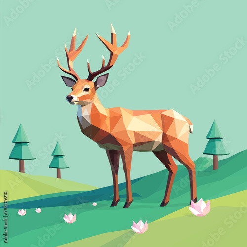 Low poly deer with flowers and nature geometric polygonal style vector illustration