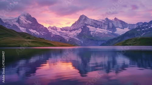 Beautiful mountains range and lake water reflection view at sunrise scene. AI generated image