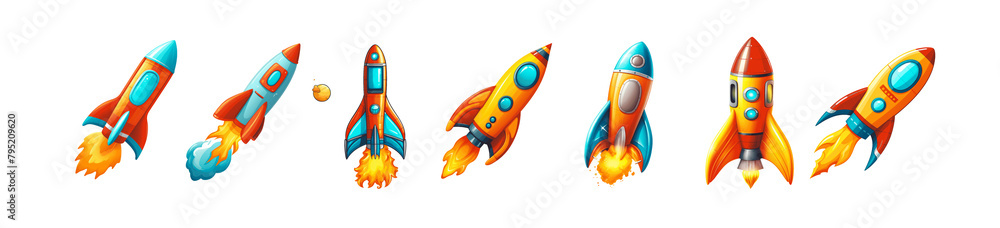 A series of colorful rockets are shown in various stages of flight Set of png elements.