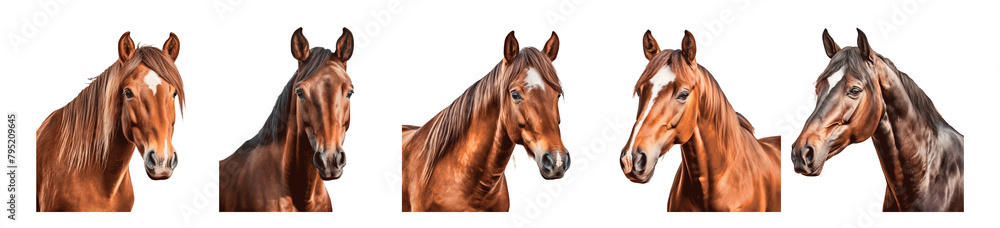 The image is a series of five horses with different shades of brown Set of png elements. The image is a series of five horses with different shades of brown Set of png elements.