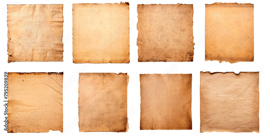 The image is a collection of old, worn paper with various textures and patterns Set of png elements.