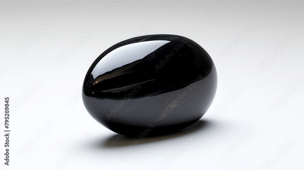 A single, polished black stone centered on a stark white background, highlighting its glossy surface and unique shape A single, polished black stone centered on a stark white background, highlighting its glossy surface and unique shape