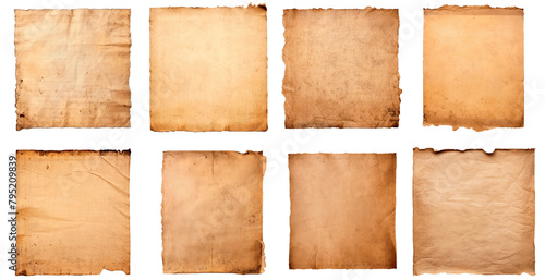 The image is a collection of old, worn paper with various textures and patterns Set of png elements.