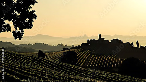 A sweeping view of the Tuscan hills during sunset  with rolling hills  vineyards  and scattered farmhouses illuminated by the golden sunlight  creating a warm and inviting atmosphere. -  1 