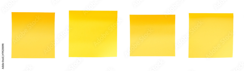 Four yellow sticky notes are lined up next to each other Set of png elements. Four yellow sticky notes are lined up next to each other Set of png elements.