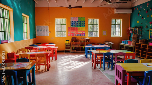 A brightly colored classroom with a large poster on the wall