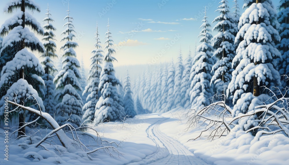 A winter scene showing a row of evergreen trees heavy with snow, forming a quiet, whitelined path through a tranquil forest A winter scene showing a row of evergreen trees heavy with snow, forming a quiet, whitelined path through a tranquil forest