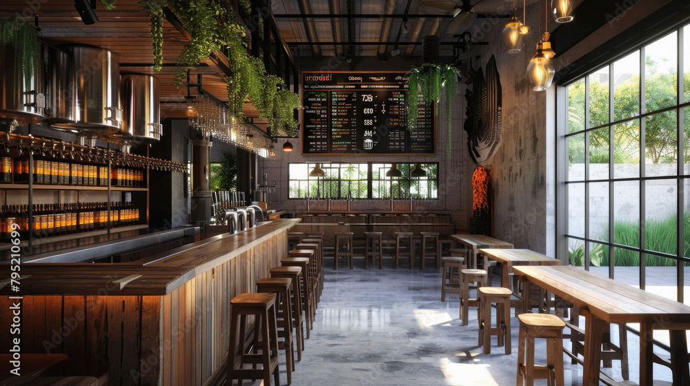 A bar with a lot of seating and a menu board A bar with a lot of seating and a menu board