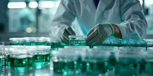 scientist with white lab coat and gloves works in laboratory. 