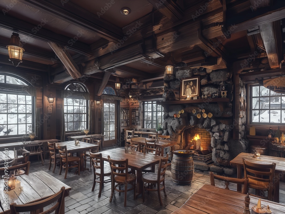 A cozy restaurant with wooden tables and chairs, and a fireplace. The atmosphere is warm and inviting, perfect for a meal or a gathering with friends and family