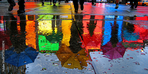 A colorful reflection of umbrellas on a wet street