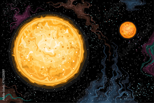 Vector Fantasy Space Card, horizontal astronomical poster with illustration of binary star system consisting pair of red brown dwarfs in deep space, decorative cosmo print with starry space background