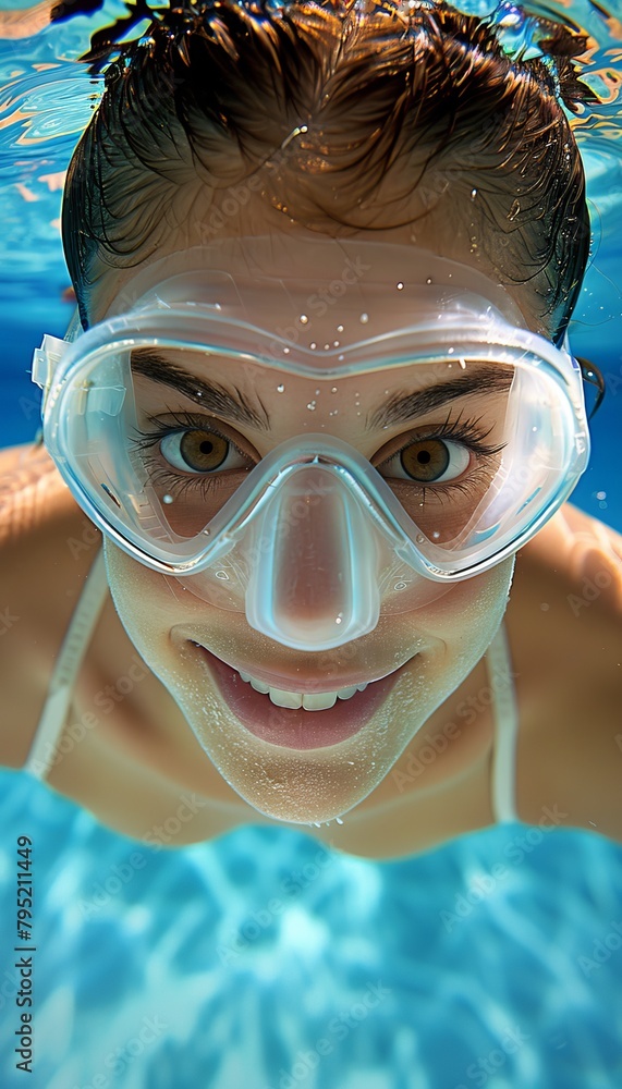 Fototapeta premium Exploring the depths young woman diving into crystal clear blue ocean on an underwater adventure