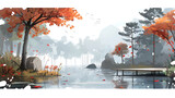 An autumnal scene in a Japanese garden, featuring maple trees with vibrant red leaves, a tranquil pond with koi fish, and a small wooden bridge, all enveloped in soft morning mist. - (1)