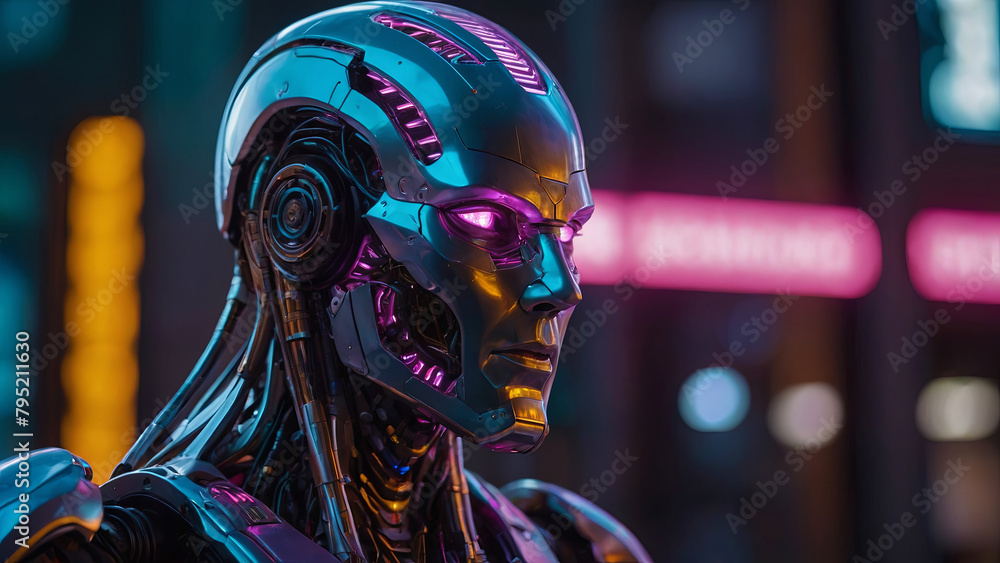 A robot with purple eyes stands in front of a neon sign