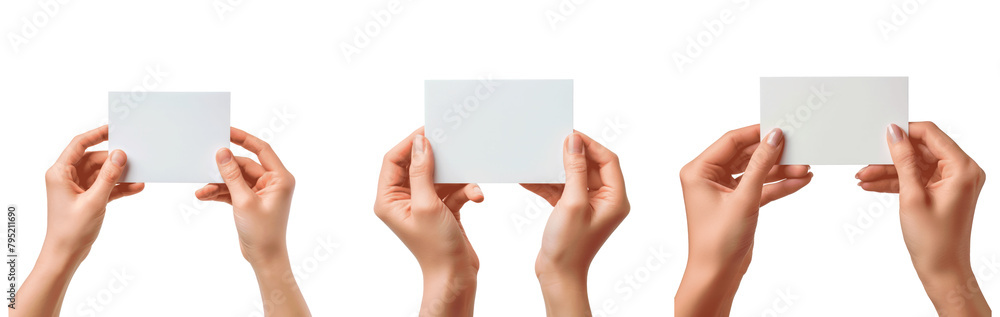 Obraz premium Three people holding white cards Set of png elements.