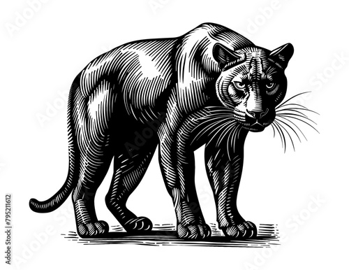 panther engraving black and white outline