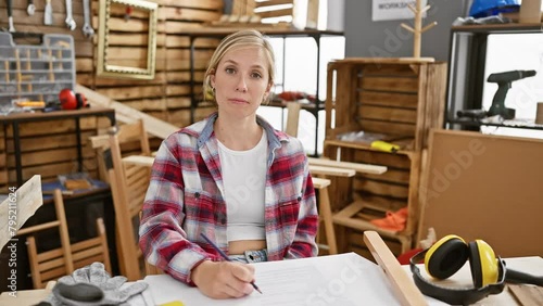 Serious-looking young blonde woman, a relaxed carpenter, sitting at her carpentry table with a natural and simple look on her face while earnestly looking into the camera photo