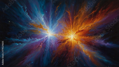 A painting of two stars with one being orange and the other blue