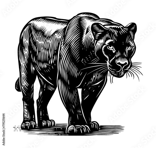 panther engraving black and white outline