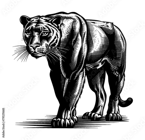 panther engraving black and white outline