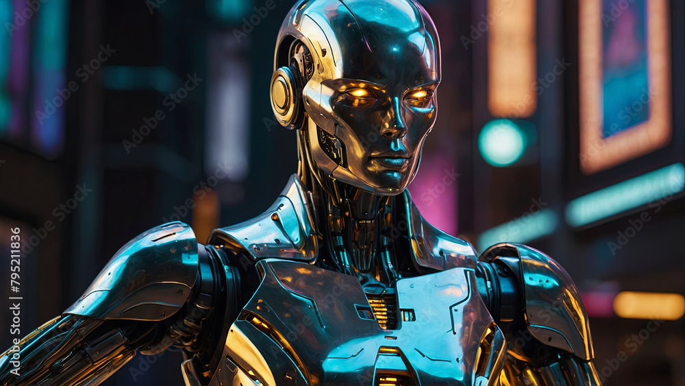 A robot with a metallic face stands in front of a neon sign