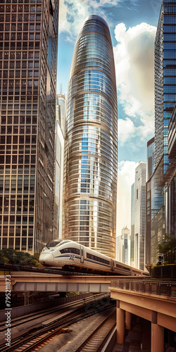 Trem de alta velocidade em meio a uma paisagem urbana moderna