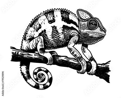 chameleon engraving black and white outline