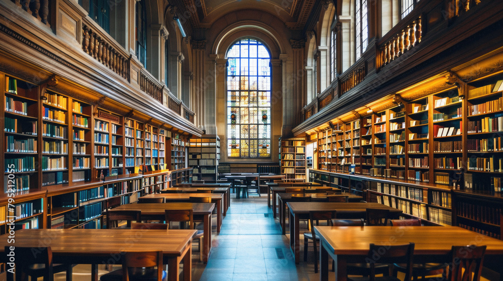 Fototapeta premium A large library with many bookshelves and tables
