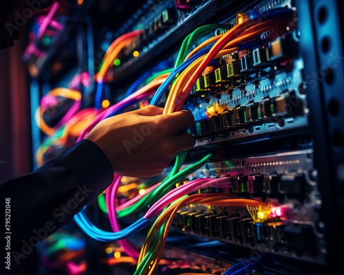 Closeup of a network technician securing Ethernet cables in a data center, focus on hands and vibrant colored cables, critical infrastructure