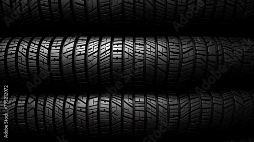 Closeup of rubber tires stacked in an auto repair shop, focus on tread patterns and texture, essential automotive component photo