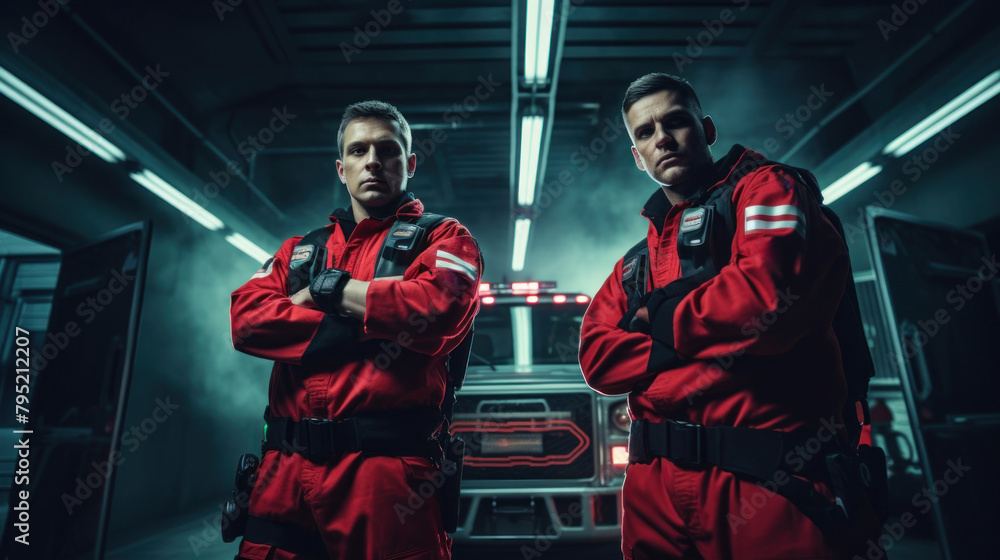 men in ambulance worker uniforms stand with crossed arms in the garage in front of an ambulance, ambulance worker day