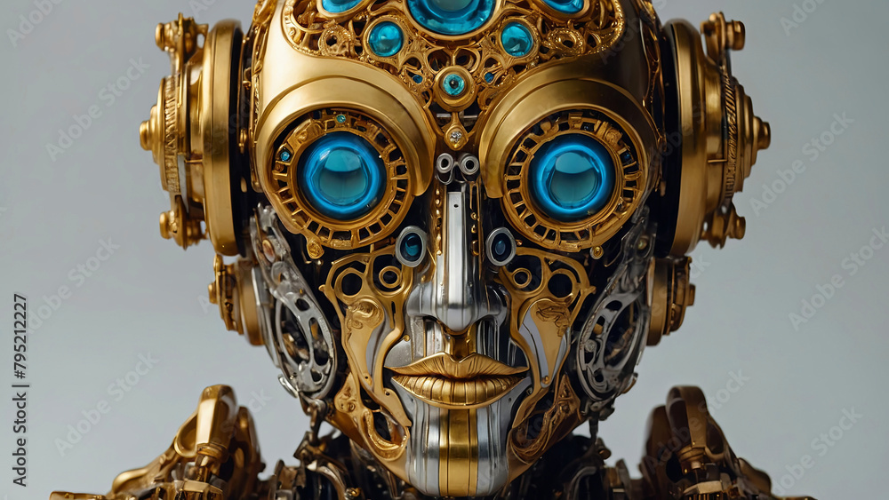 Fototapeta premium A robot head with gold and blue eyes