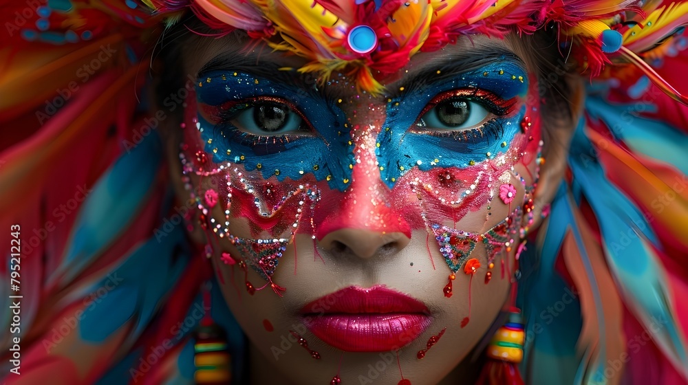 Captivating Festive Portrait with Vibrant Tribal Mask and Feathered Headdress