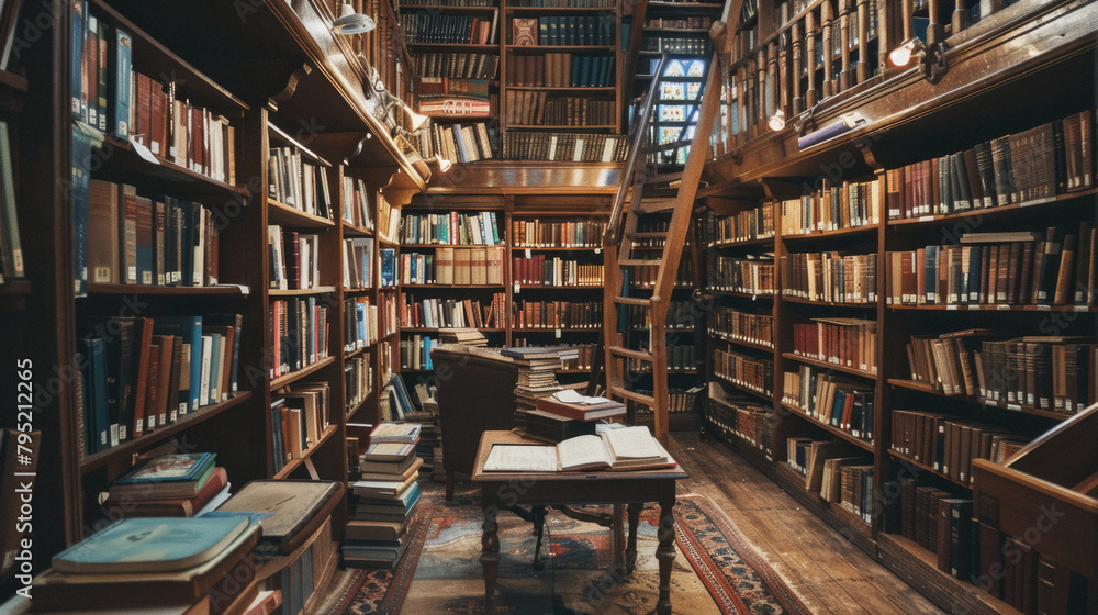 A library with a lot of books and a table with a few books on it A library with a lot of books and a table with a few books on it