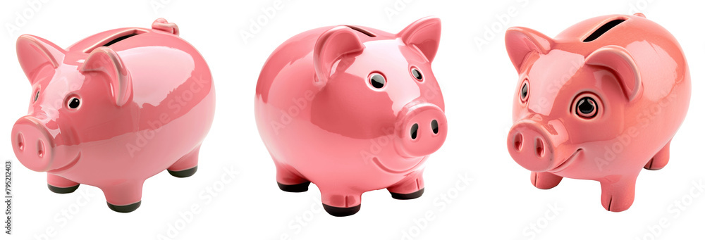 Three pink piggy banks are lined up next to each other Set of png elements. Three pink piggy banks are lined up next to each other Set of png elements.