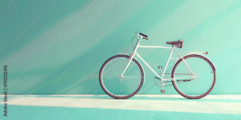Fototapeta premium A white bicycle on turquoise background, 