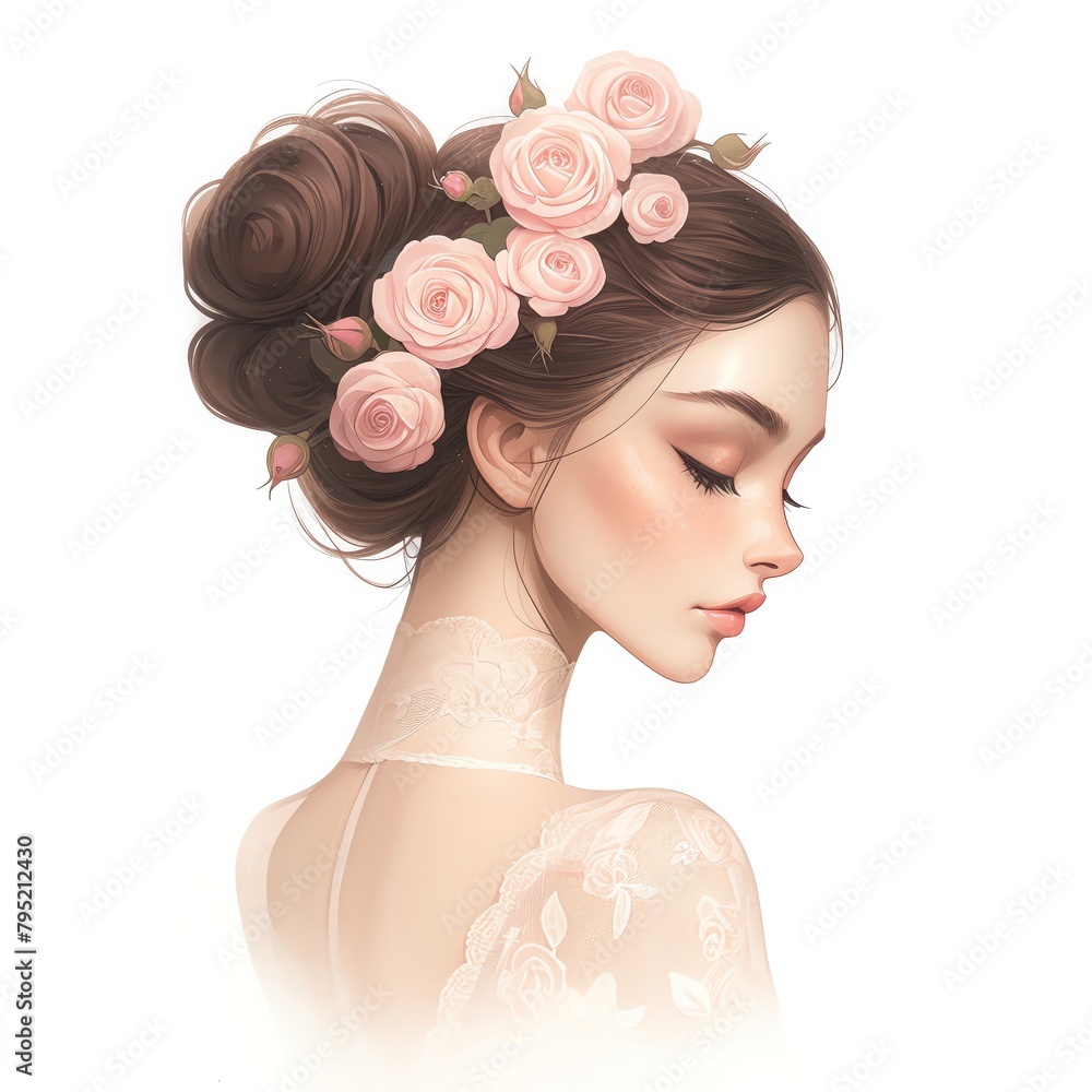 Naklejka premium Elegant ballet girl, her hair in a neat bun, adorned with tiny pink roses, vivid colors captured in high detail, isolated on white background