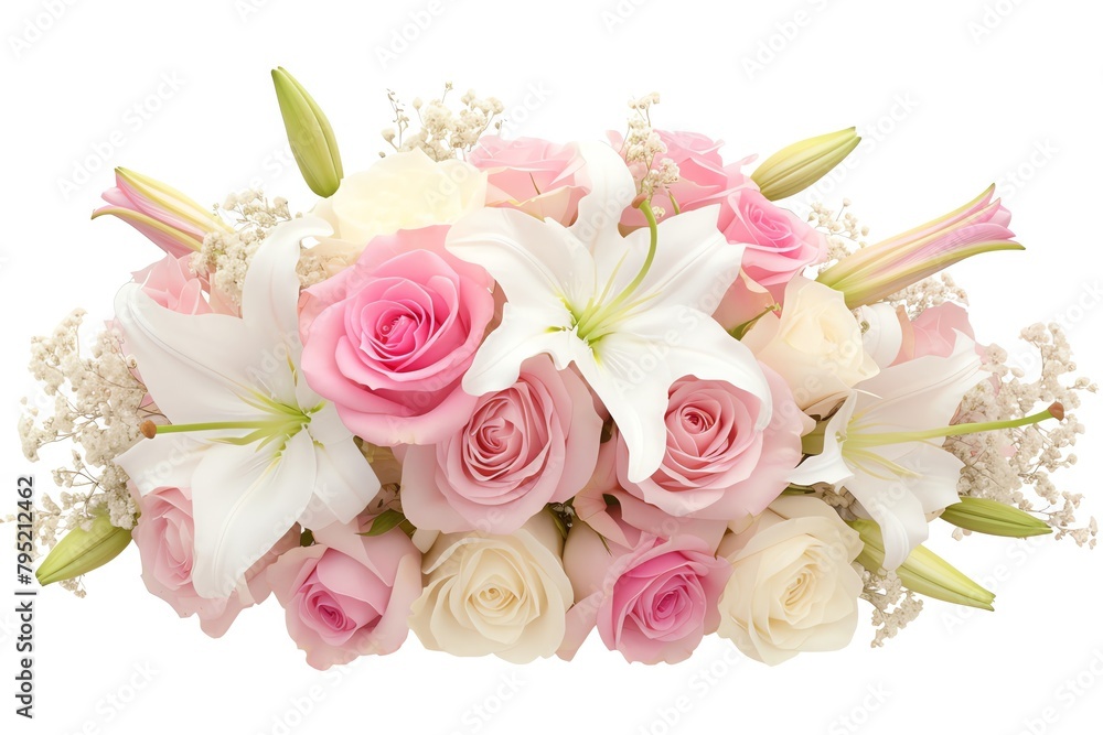 Elegant flower shop, sophisticated designs with roses and lilies, vivid colors captured in high detail, isolated on white background