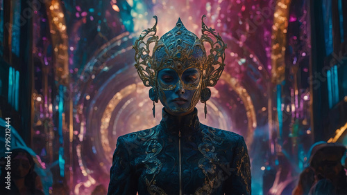 A woman in a gold mask stands in a room with a blue background photo