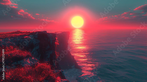 Fiery orange and red sun dips below the horizon, painting the sea and sky in beautiful colors photo