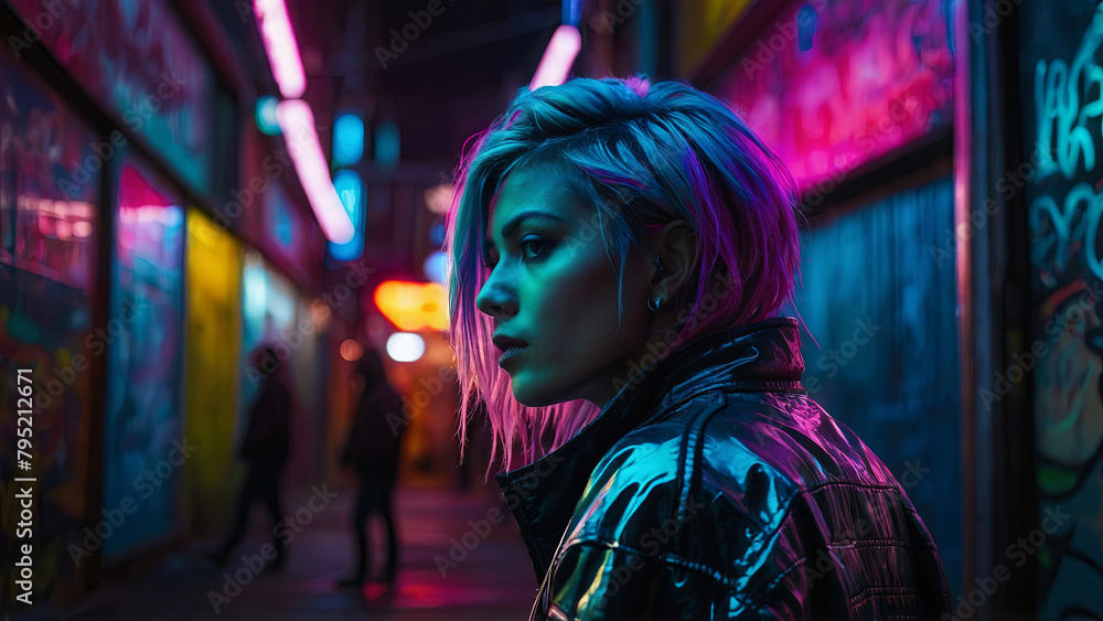 A woman with purple hair stands in front of a neon sign