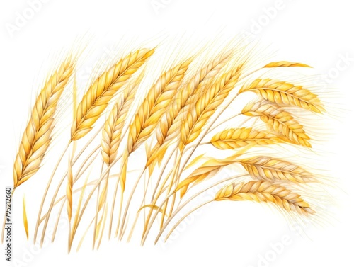 Feathered barley tips, golden and wispy, captured in vibrant detail, serene and airy border, isolated on white background, watercolor