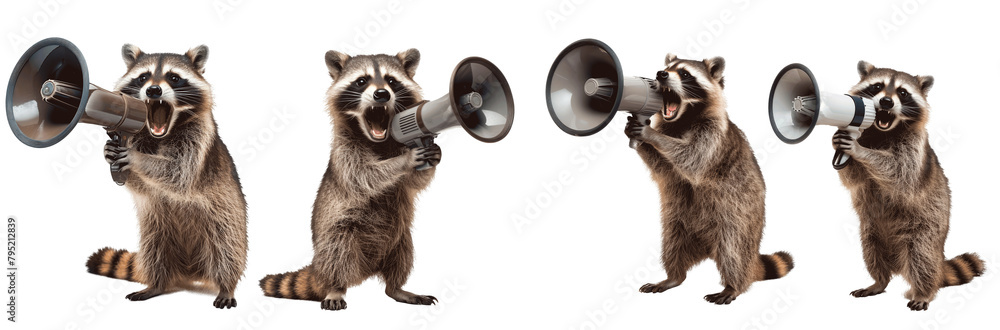 Four raccoons are standing in a row, each holding a microphone Set of png elements. Four raccoons are standing in a row, each holding a microphone Set of png elements.