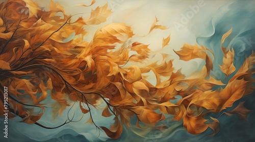 Leaves rustling in a strong breeze, captured in motion, giving a sense of the winds invisible force and the change of seasons photo